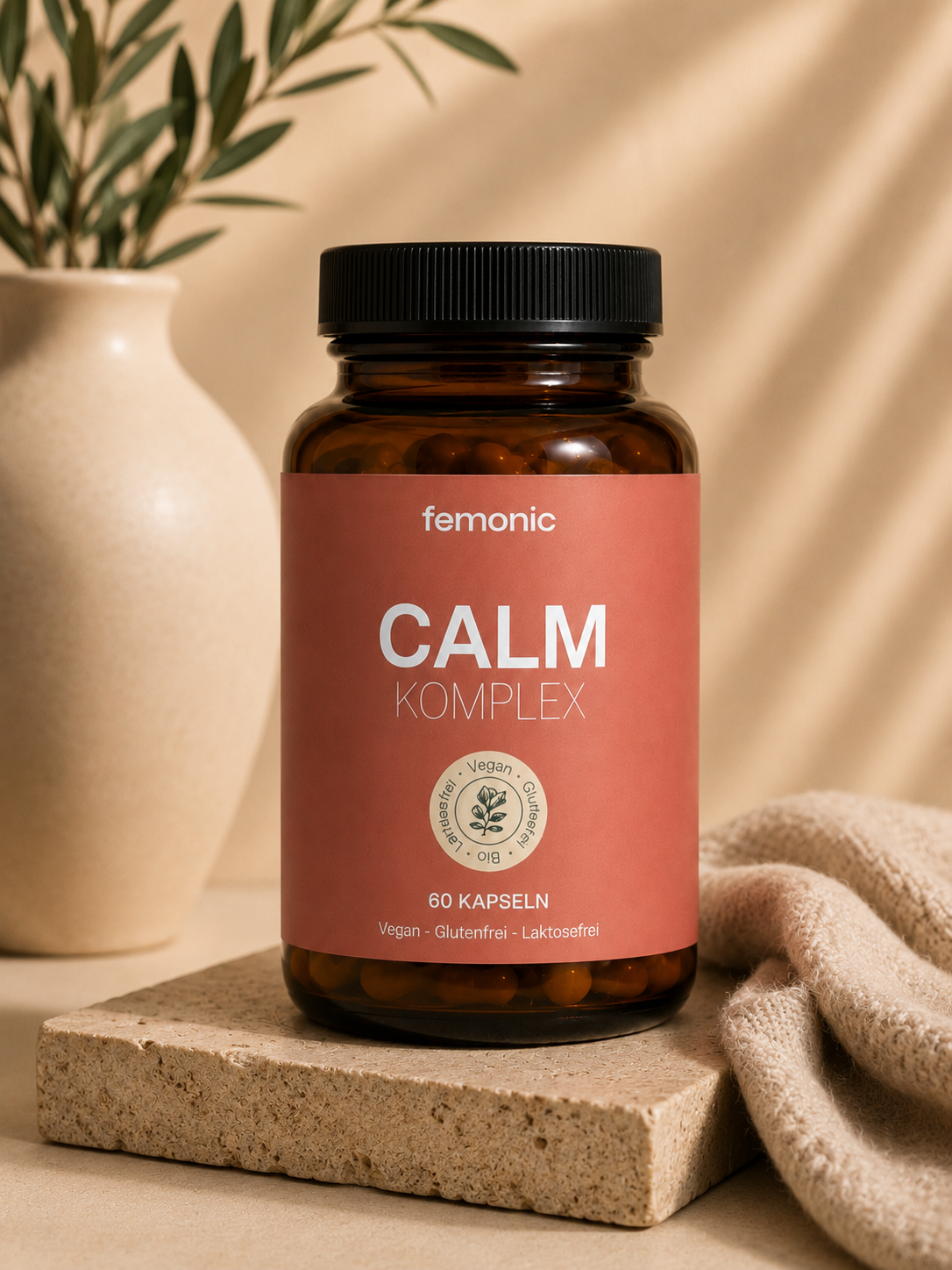 femonic Produktdose, minimalistisch, Creme-Hintergrund.